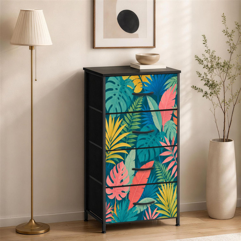 Commode à 4 tiroirs pour chambre à coucher avec feuilles tropicales botaniques Monstera feuillage sarcelle jaune corail moderne petite grande commode à vêtements pour organisateurs de placard avec commode