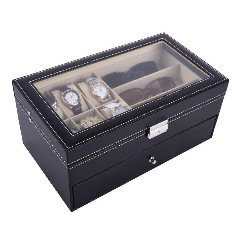 Boîte à bijoux en cuir avec 6 boîtes à bijoux et rangement à lunettes 9 pièces et porte-lunettes verrouillable, noir