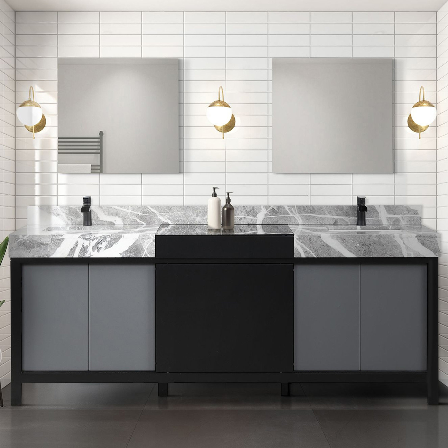 Castel Rool Vanity Dmond Double Bath Vanity with Castle Grey Marble Top and Matte Black ...