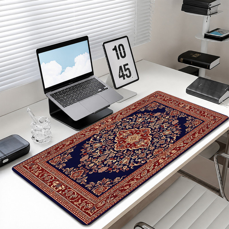  Tapis de souris en caoutchouc, surface en microfibre lisse, base antidérapante, tapis de souris décoratif à bord arrondi pour le bureau et les jeux, 17 po x 47 po, design persan rouge marine
