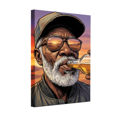 Fashion Elderly Man Drinking Beer Sunset Background