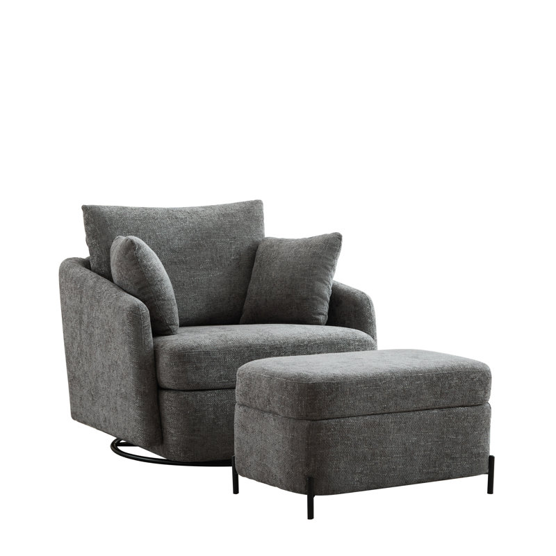 40.53" W Upholstered Swivel Accent Armchair With Storage Ottoman, Charcoal Chenille
