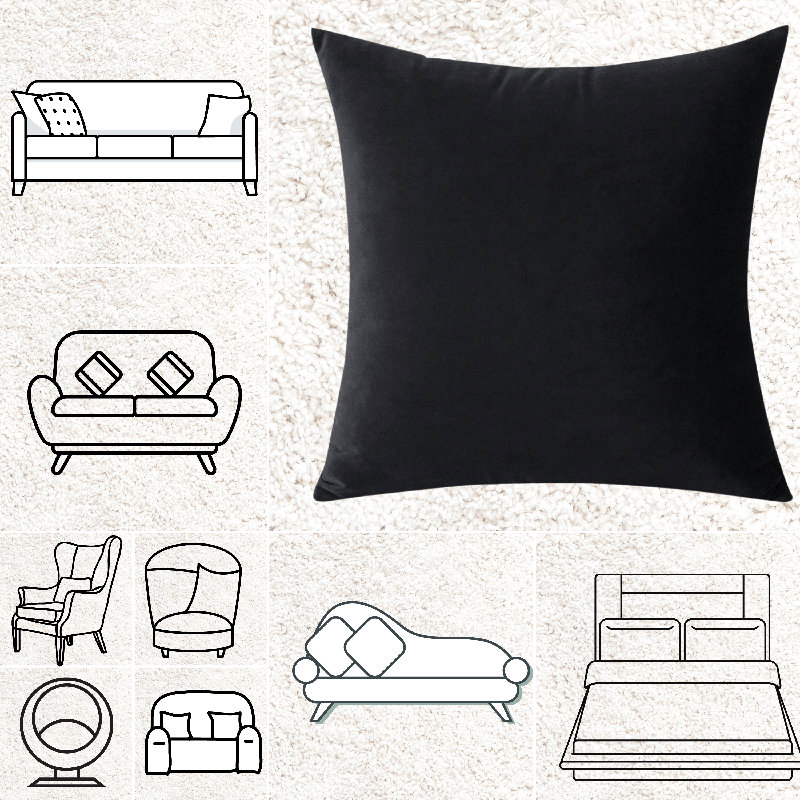 Ensemble de 2 housses de coussin en velours de couleur unie, H 18 po x l 18 po, Noir