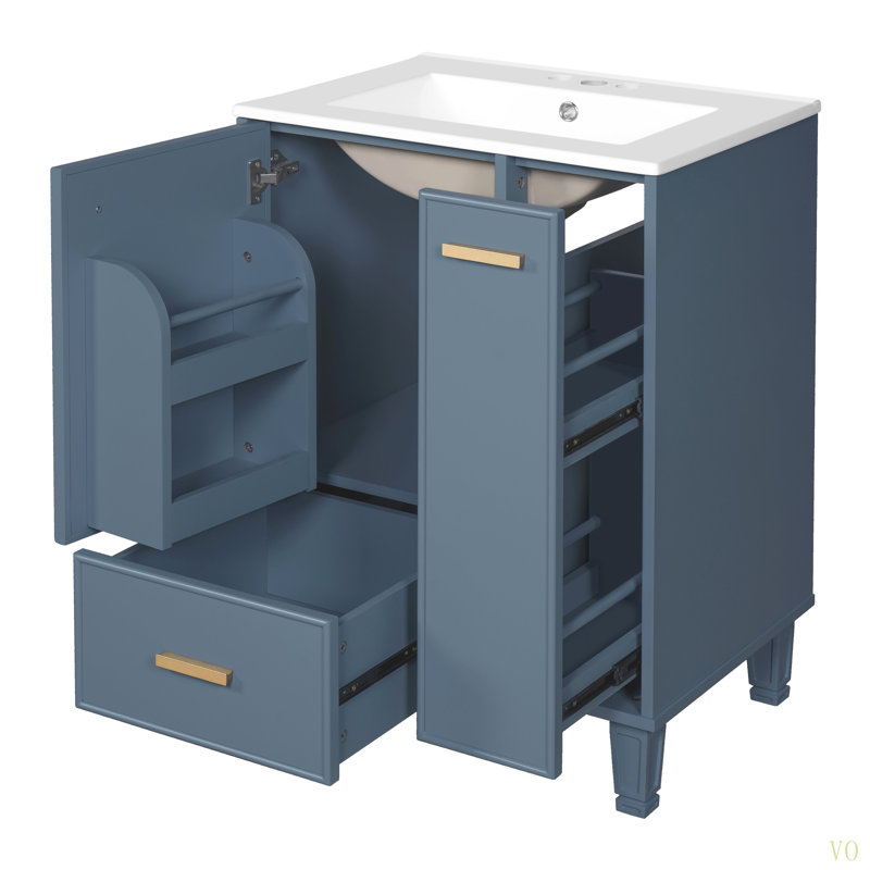 Meuble-lavabo 24 po avec lavabo, armoire de salle de bain avec tablette de porte, tiroir profond, panier coulissant à 2 niveaux, structure en bois massif et panneau de fibres à densité moyenne, un paquet
