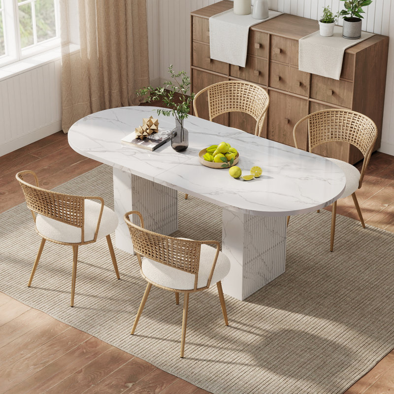 Ensemble de table de salle à manger ovale 62,7 po, Blanc, Ensemble de cinq pièces : table, quatre chaises, Blanc, bois