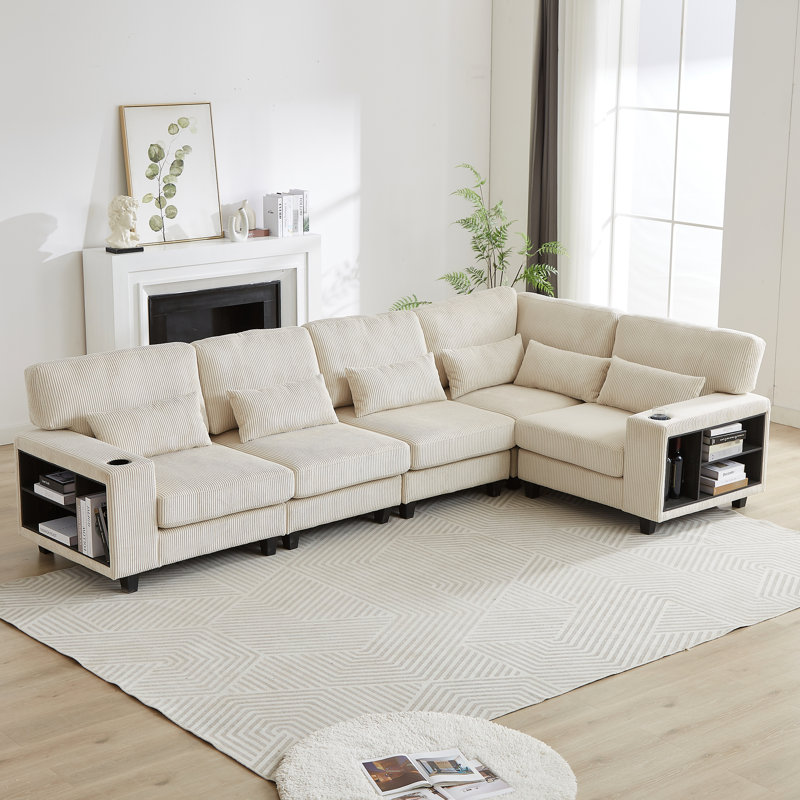 Porte-gobelet modulaire en L avec rangement et velours côtelé pour bureau à domicile, 30.37" H x 29.84" W 30.11" D, Beige