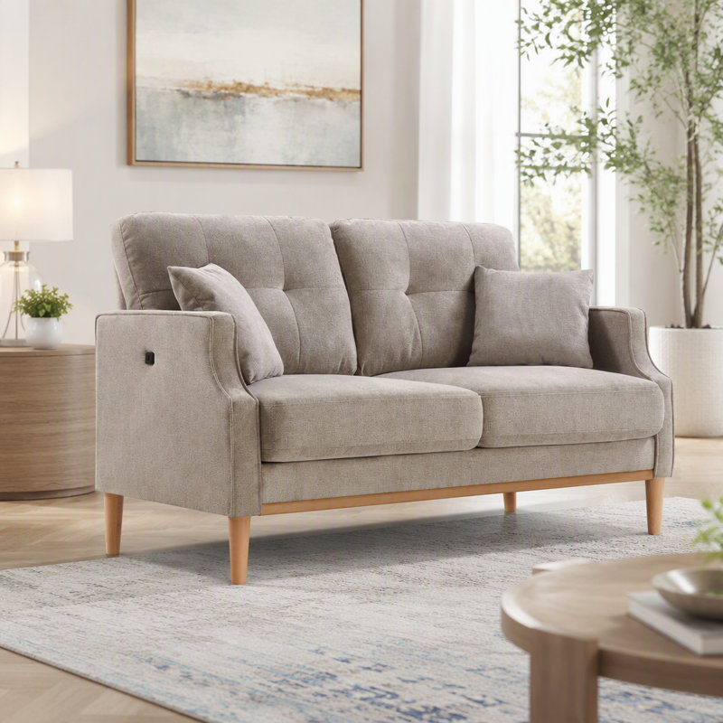 Causeuse avec charge USB, Tissu crème, Naturel
