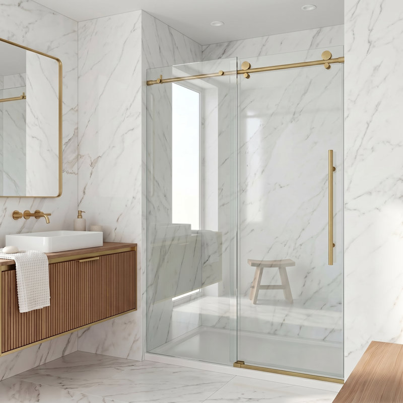 Porte de douche coulissante sans cadre avec verre transparent 3/8 po de l 56 à 60 po x H 76 po Elan E-Class, Or brossé mat