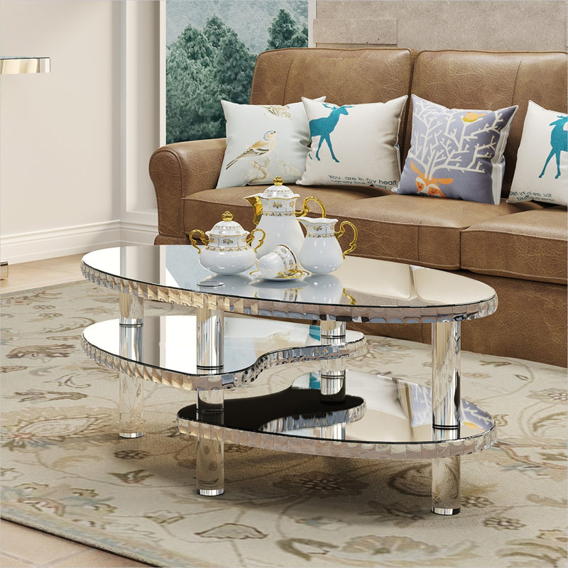 Table basse ovale à double couche en argent classique avec des reflets en verre et en cristal, luxe compact pour les petits espaces