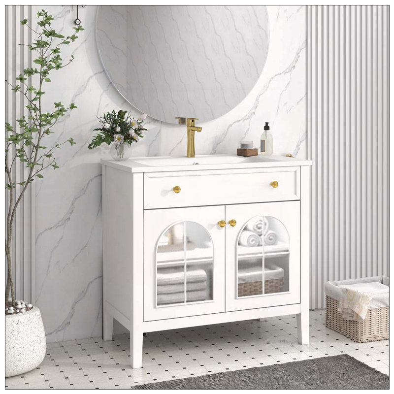 Meuble-lavabo de salle de bain Mid-Century avec capteur de mouvement et verre à motif, White