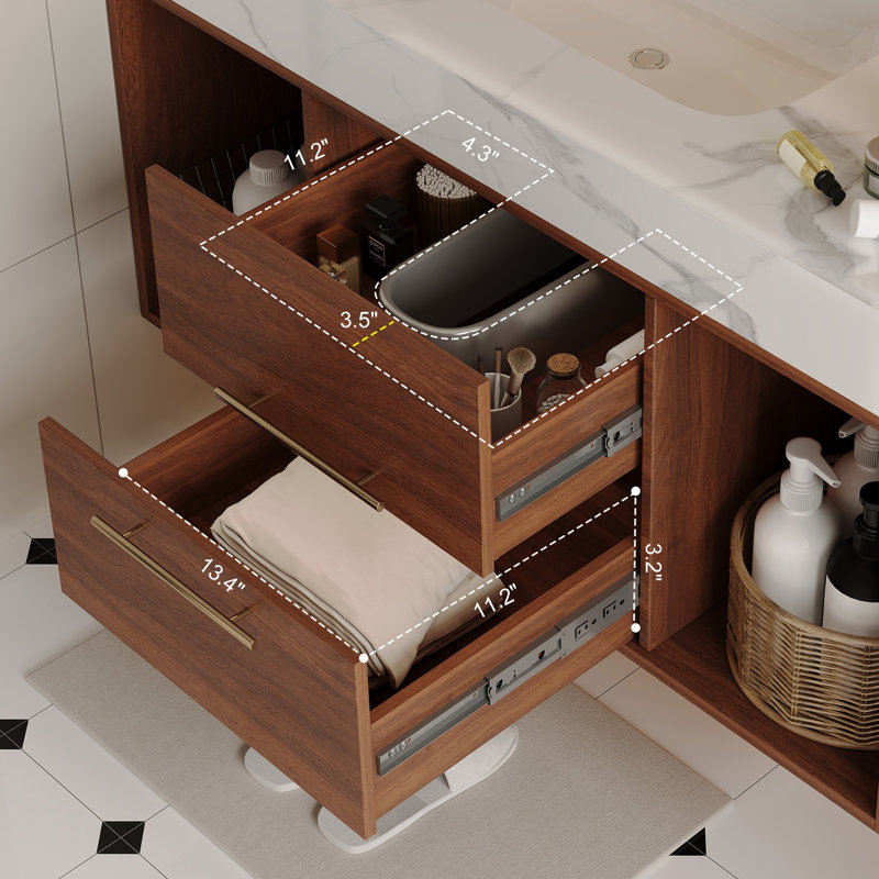 39.4'' Wall-Mounted Floating Bathroom Vanity - Ceramic Sink, 2 Soft-Close Drawers & White Slate Top