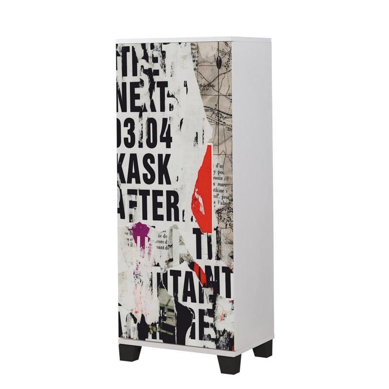 Armoire à chaussures élégante, blanche, 19,7 po x 50,0 po x 15,0 po | 100% panneau de particules enduit de mélamine, épaisseur: 0,7 pouce | Pieds en plastique, fixation murale, nombreuses tablettes pour un rangement supplémentaire | Conception abstraite moderne