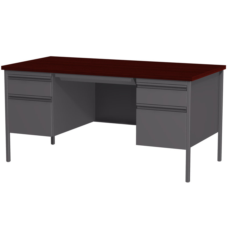 Bureau à double caisson avec tiroir central pour la maison, le bureau ou l'école, Gris anthracite / acajou