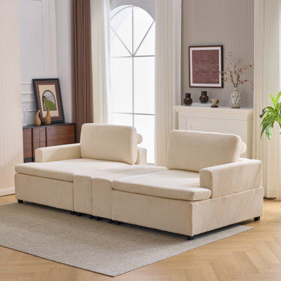 90'' W Square Arm Corduroy Sleeper Sofa With 2 Ottoman