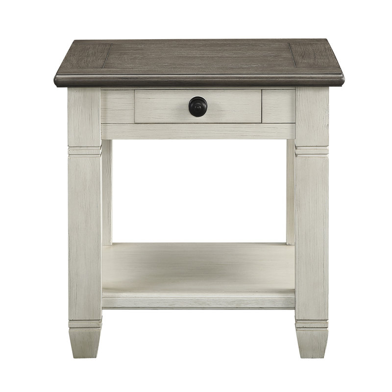 Table de bout Coffee & Antique Grey - Meubles de salon en bois avec tiroir et tablette, Blanc antique