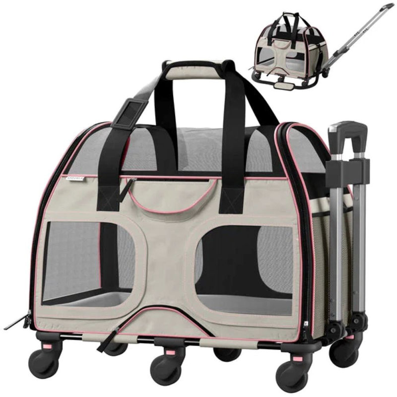 White and Pink Soft-Sided Rolling Pet Carrier with Telescopic Handle