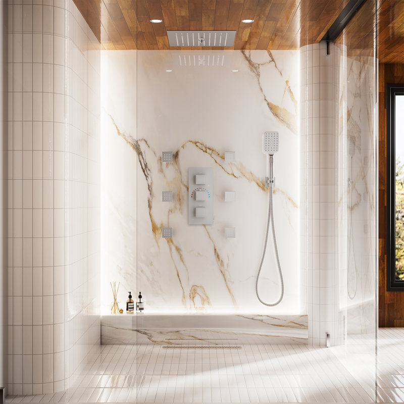 12" Flush Mounted Luxury Thermostatic Rainfall Shower System with LED and 6 Body Jets, Brushed Nickel