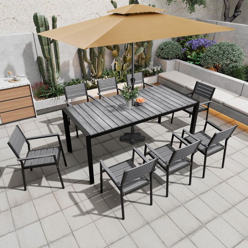71.4’‘ L Rectangular Outdoor Dining Table with Umbrella Hole and Aluminum Frame  , 29.4" H x 71.4" W x 32.8" D, Gray