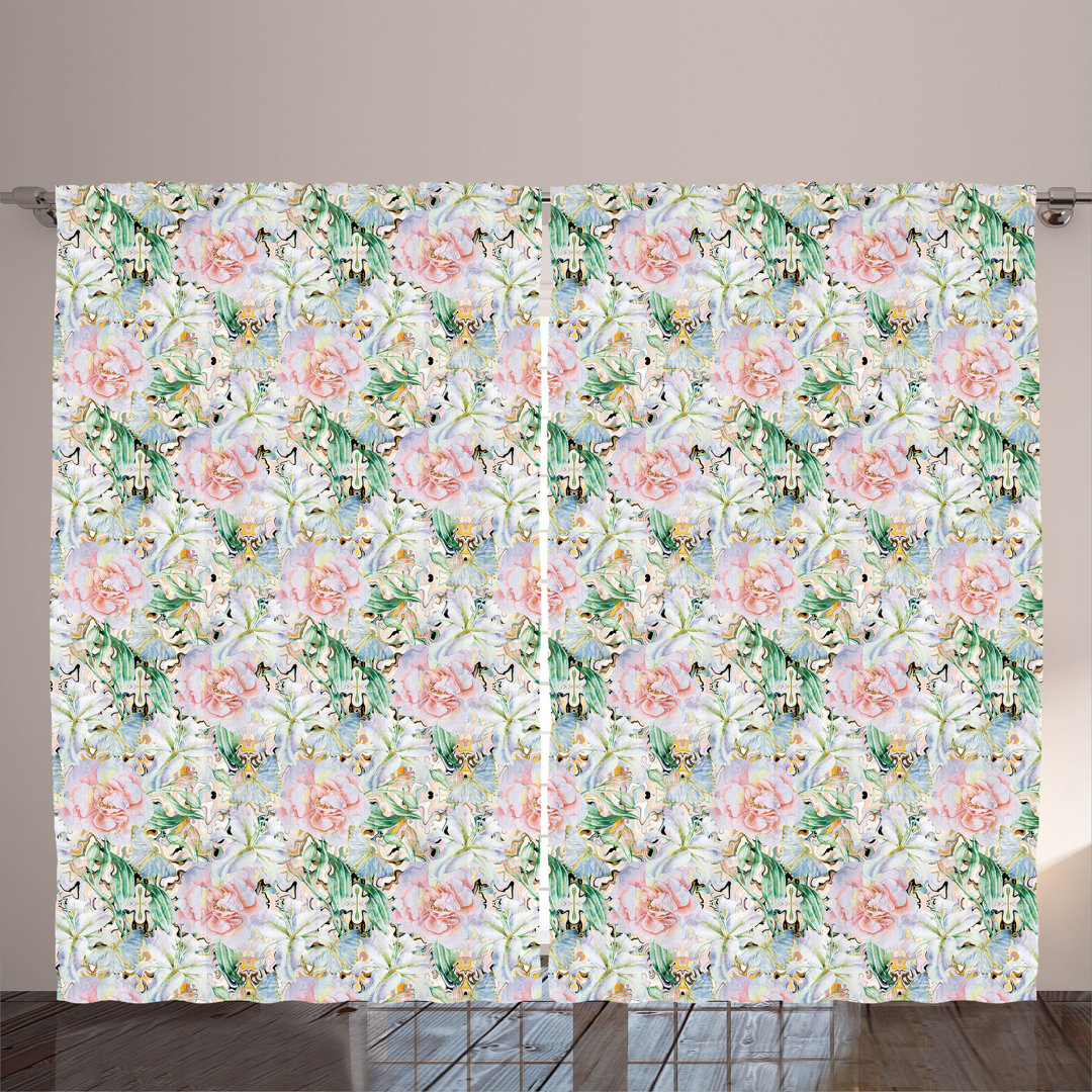 Rustic curtain, psychedelic rose art, floral design, jade green light pink