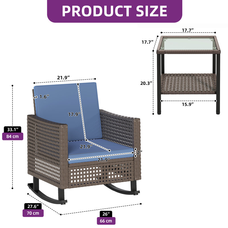 3 Pieces Outdoor Rocking Chair Set with Handwoven PE Rattan Patio Chairs, Cushions, and Side Table, Blue, Brown