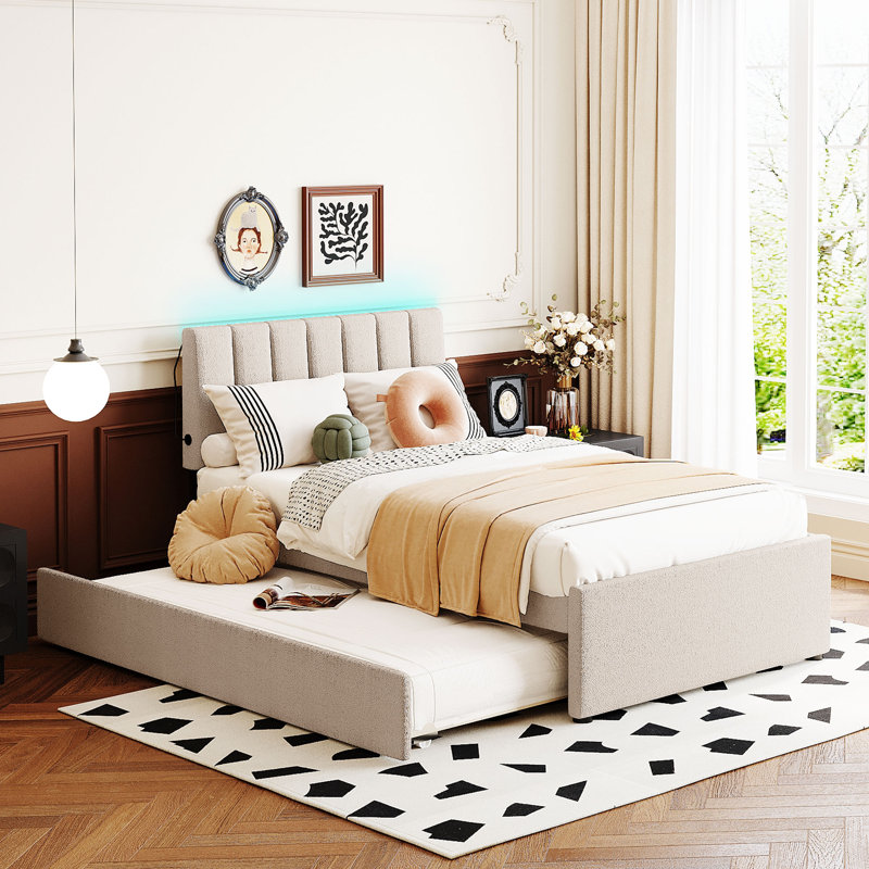 Lit plateforme tapissier avec lit gigogne, Beige, Lit simple