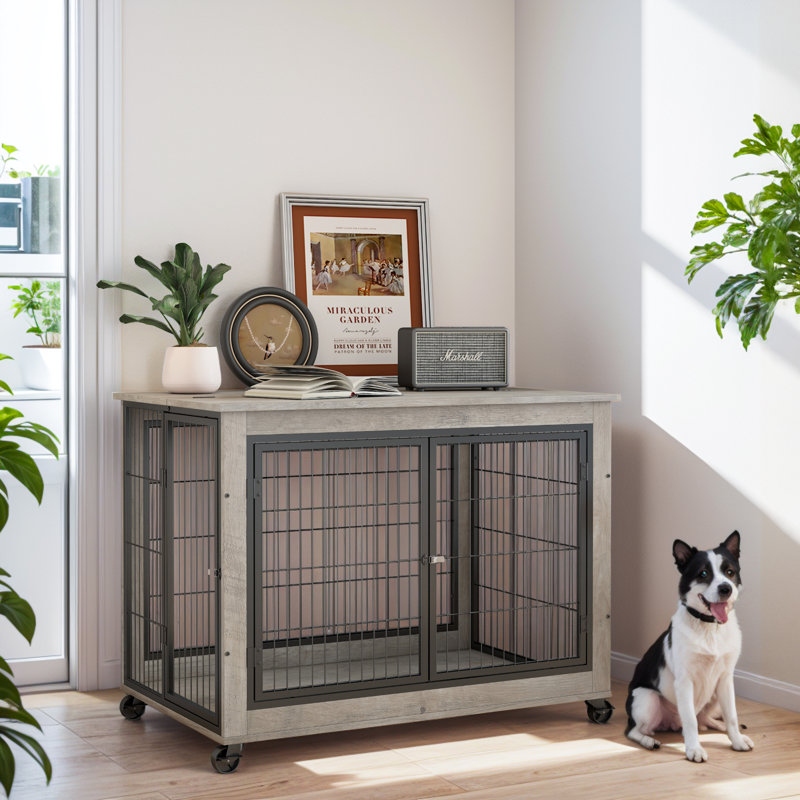 Table d'appoint pour chien sur roulettes avec portes doubles et plateau relevable, Gris, H 27,2 po x l 38,58 po x P 25,19 po