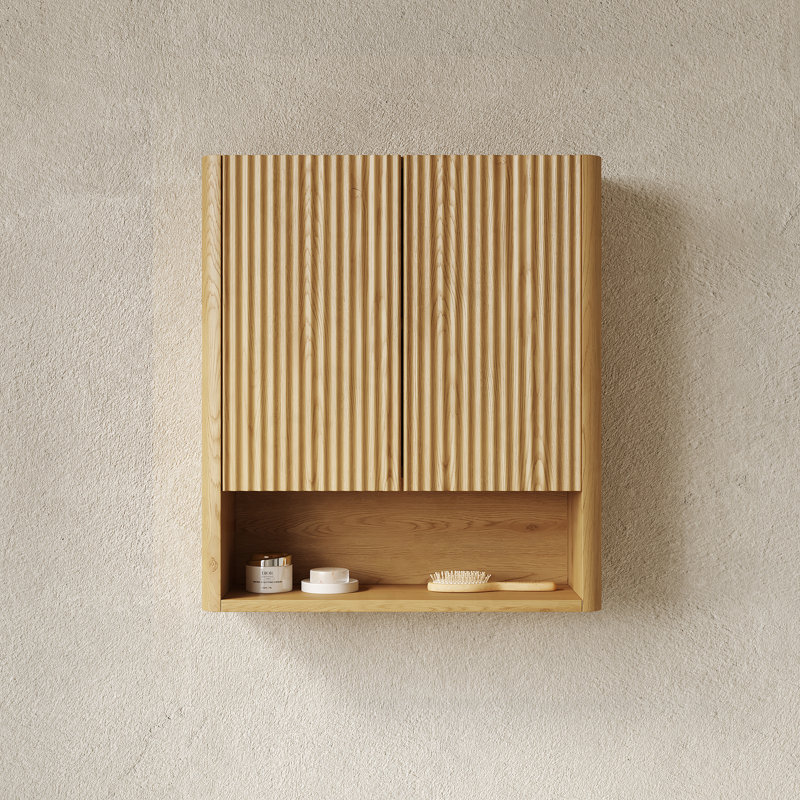 26" Wall-Mounted Striped Bathroom Cabinet, With Doors, Shelf And Open Storage Compartment Over The Toilet Storage Cabinet For Bathroom, Kitchen, Laundry Room, Corolla Oak Woodgrain Color Finish