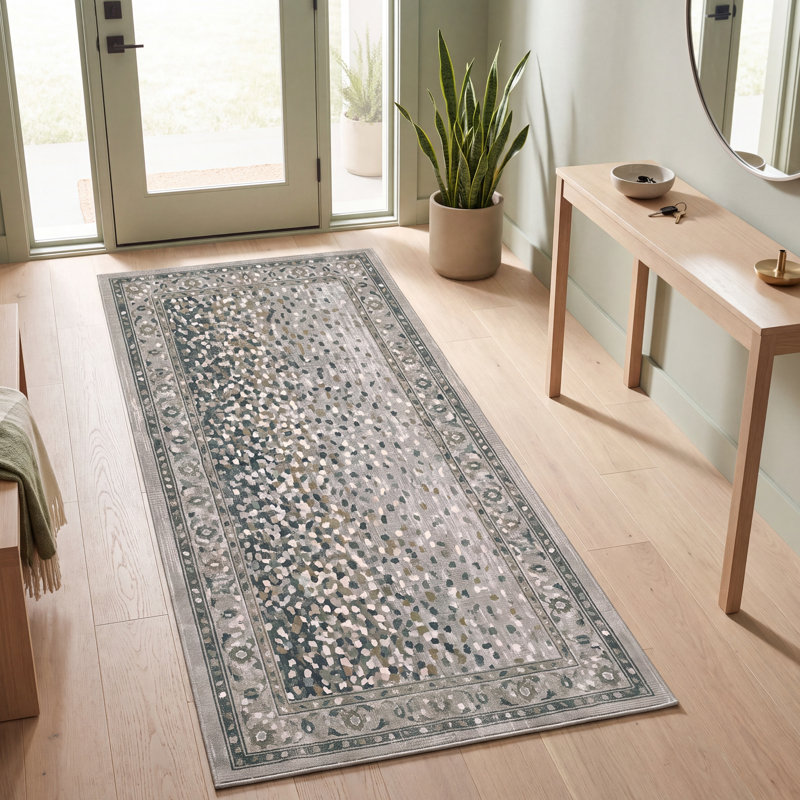 Tapis Sutcliffe moderne à motif mosaïque mouchetée abstraite verte, grise et blanche, lavable à la machine, antidérapant, à poils courts, pour l'intérieur et l'extérieur, adapté aux animaux domestiques, idéal pour le salon, la chambre, la salle à manger, l'entrée, le couloir ou le bureau.