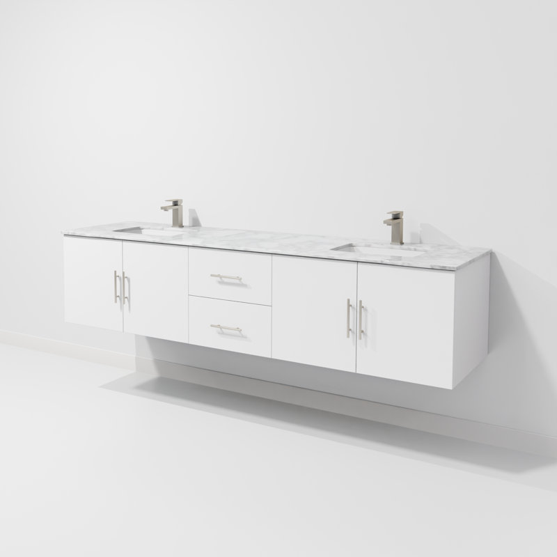 Geneva 80" Wall-Mounted Double Bathroom Vanity Set, Glossy White, White Carrara Marble