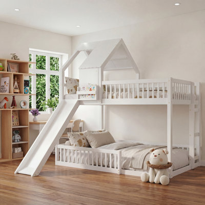 Wood Full XL over Queen Floor House Bunk Bed Frame with Slide & Built in Ladder for Kids, Teens, Juniors, Natural