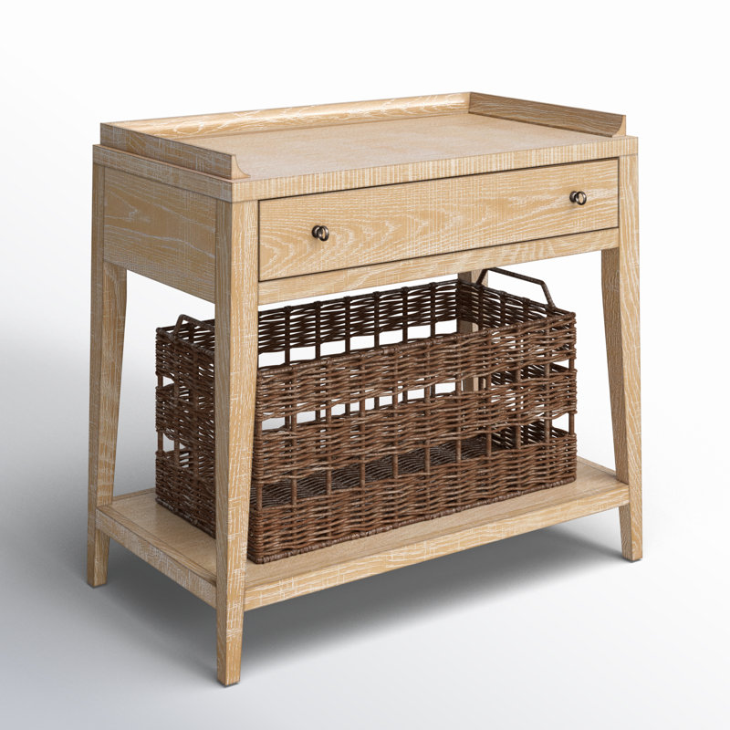 1 - Drawer Nightstand with Wicker Basket, Rustic Natural Oak