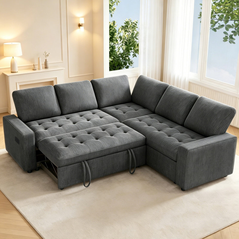 Canapé-lit modulaire en L 5 places avec ports USB, dossier réglable et rangement dissimulé, canapé convertible en chenille de 79 po et canapé