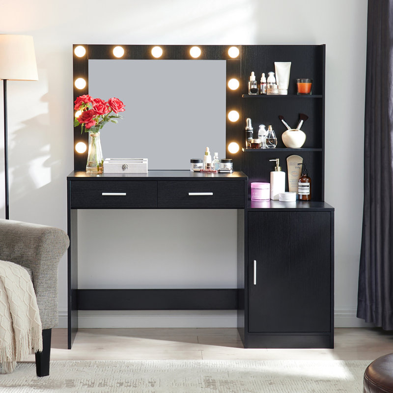 Vanity Desk With Mirror And Lights 46.4In - Dressing Table 2 Large Drawers & Vertical Organizer, 3 Level Dresser, Lighting Modes Adjustable Brightness For Bedroom, Black Bedroom (Black