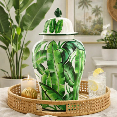 Pot Jesu Temple avec couvercle, accent de feuilles de palmier blanc et vert, porcelaine de 18 pouces