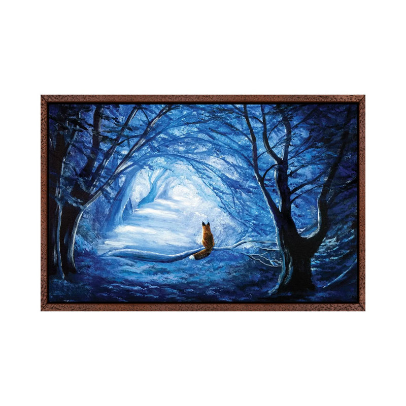 Red Fox In Blue Cypress Grove by Laura Iverson - Painting on Canvas, 66.04 cm H x 45.72 cm W, Classic Brown Wood Framed
