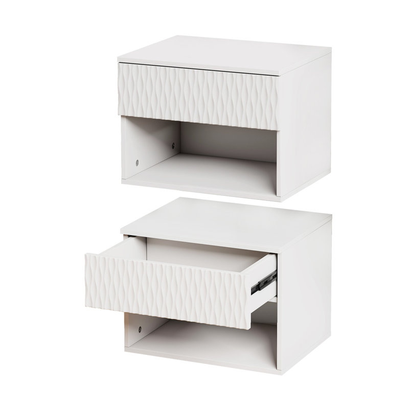 Ensemble de 2 tables de chevet avec armoire à tiroirs murale moderne: tablette ouverte, rails à 3 niveaux, conception sculptée, anti-vacillement, bricolage, pour chambre / salon / bureau