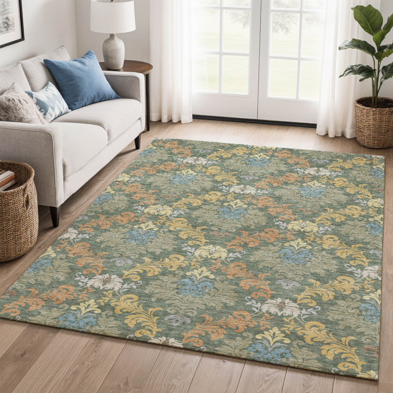Tapis damassé Villers de qualité supérieure lavable à la machine, Basilic, 10 pi x 14 pi