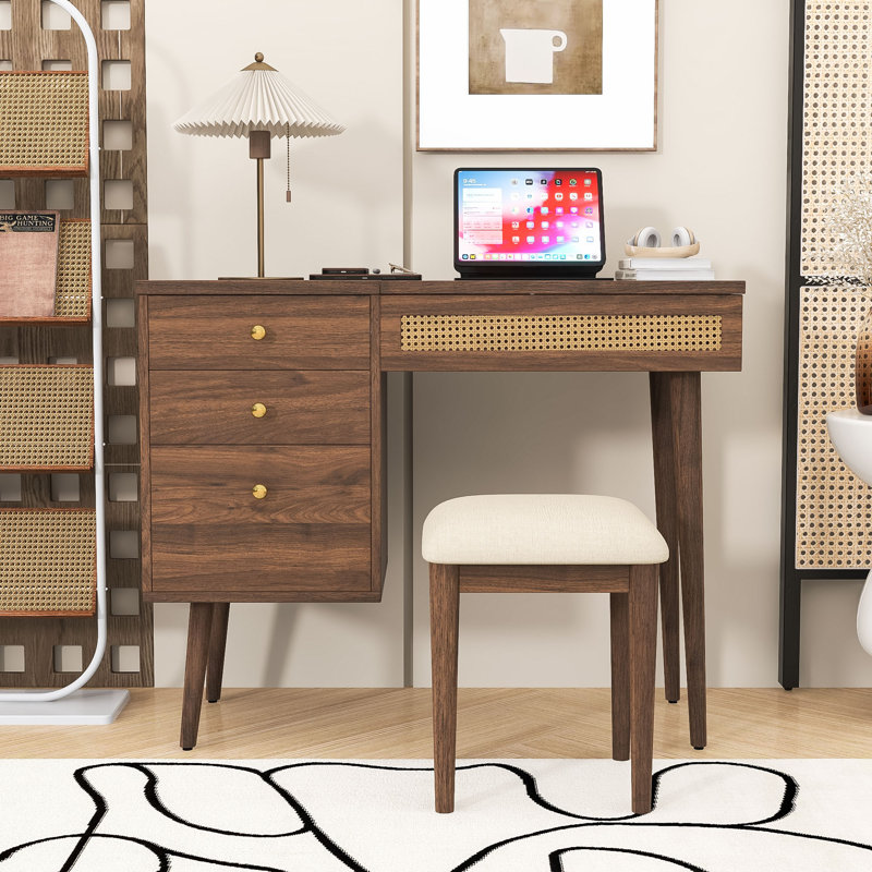 Makeup Vanity Desk with LED Flip-Top Mirror, Stool, 3 Drawers & 10 Compartments