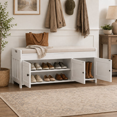 Storage Bench With 3 Shutter-Shaped Doors, Shoe Bench With Hidden Storage