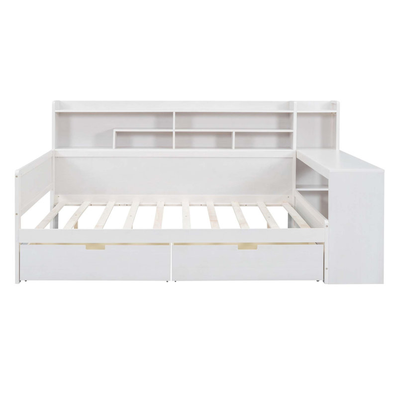 Lit de jour en bois multifonctionnel avec tablettes de rangement, 2 tiroirs de rangement et bureau d'étude, Double