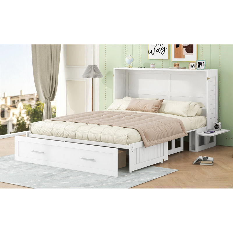 Lit grand format, blanc avec tiroir et tablette de chevet pratique