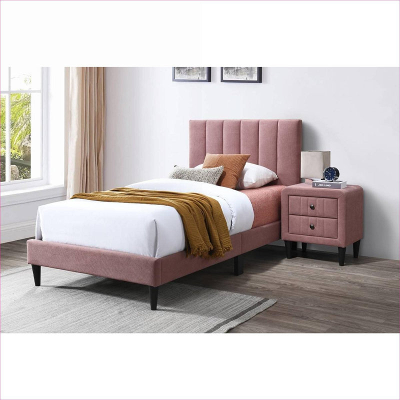 Small Bedroom Twin Size Bed Channel Tufted Adjustable Warm Pink Linen Upholstered Bed Frame With Middle Support Legs