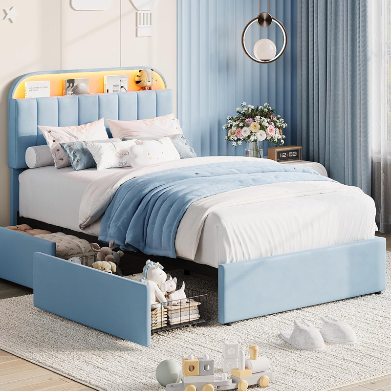 Twin Velvet Bed Frame with LED Headboard & 2 Drawers, Blue, Blue, Twin