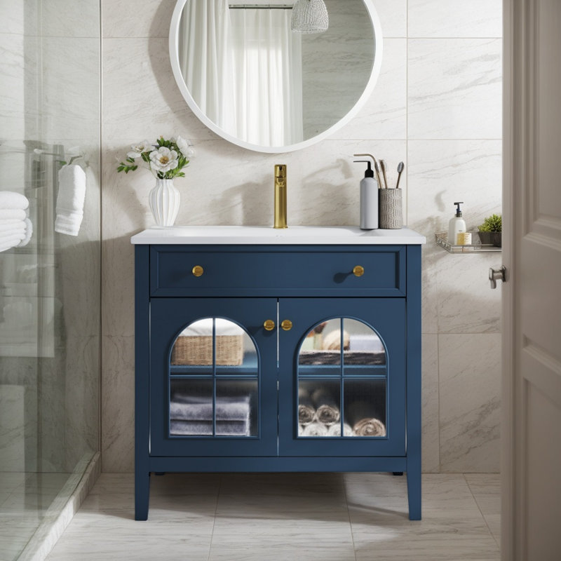 Meuble-lavabo de salle de bain 35,6 po avec lavabo, meuble-lavabo autoportant avec 1 tiroir rabattable et 1 grande armoire, tablette réglable, verre à motif, bande lumineuse à capteur de mouvement