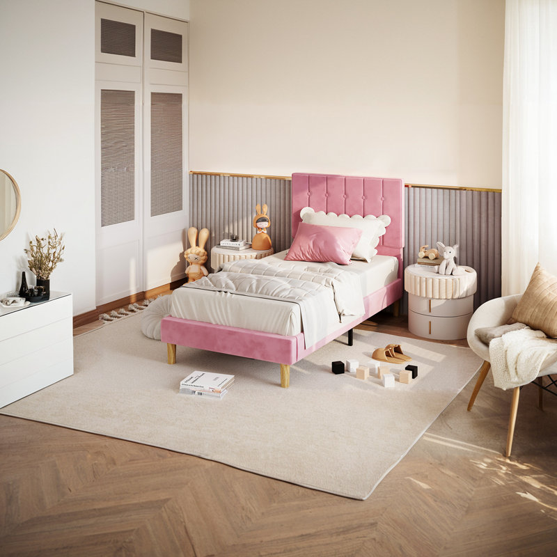Gurit 43'' Modern Twin Bed Frames with Upholstered Velvet Headboard, Low Profile Design with Strong Wooden Slats, No Box Spring Needed and Noise-Free