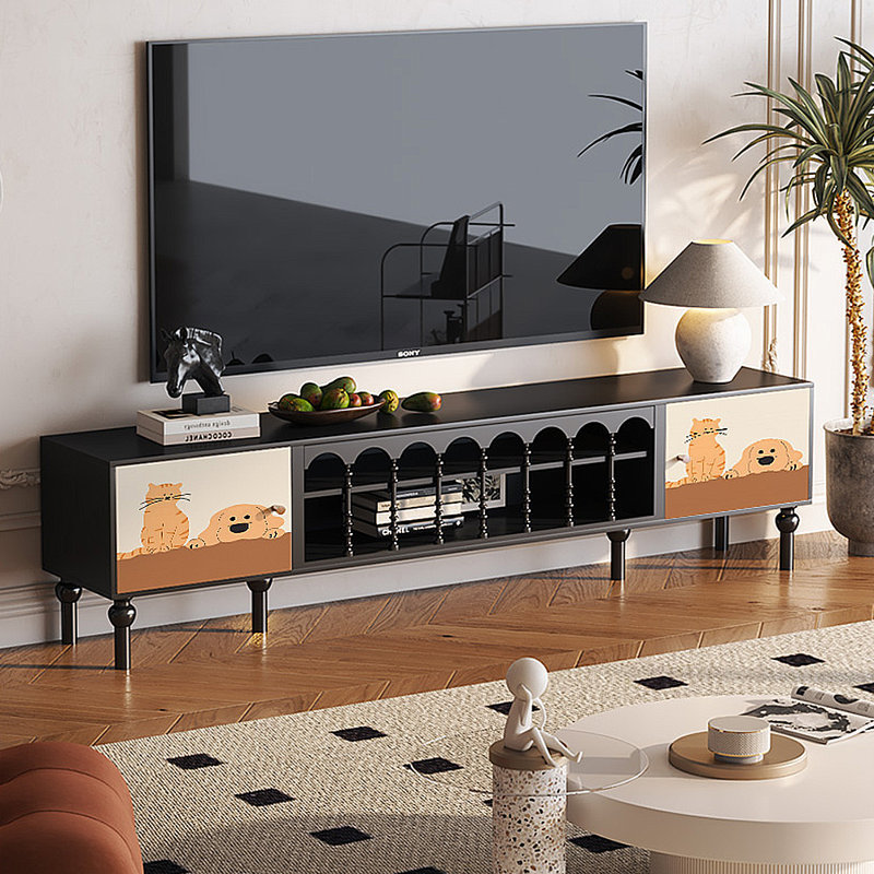 Meuble télé avec rangement peint français rétro, H 21,26 po x L 78,74 po x l 15,75 po, Noir