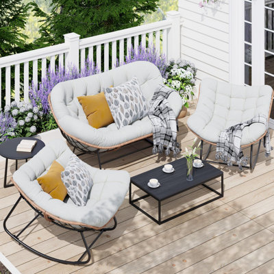 Ensemble de 3 chaises berçantes d'extérieur Papasan - Causeuse spacieuse en osier avec coussins pour patio, jardin ou terrasse