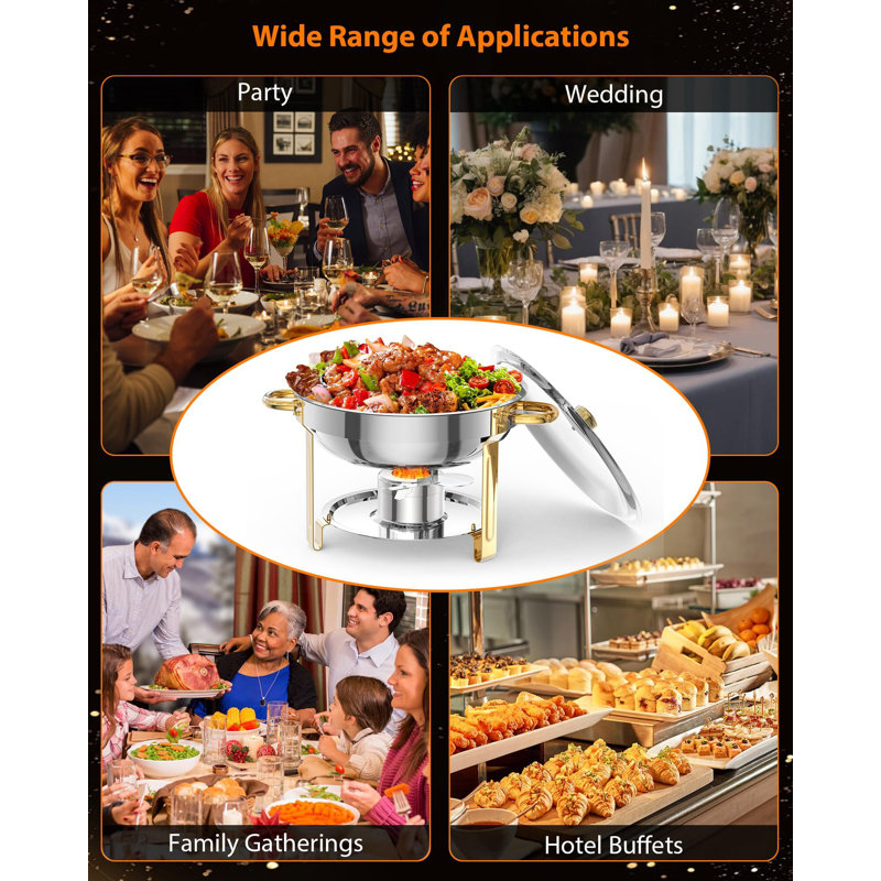 Chafing Dish for Buffet 2 Pack, 5QT Round Chafing Dishes Buffet Set w/Lid Holder, Stainless Steel Chafers and Food Warmers with Spoon and Tweezers for Parties, Weddings, Events, Banquet, Gold