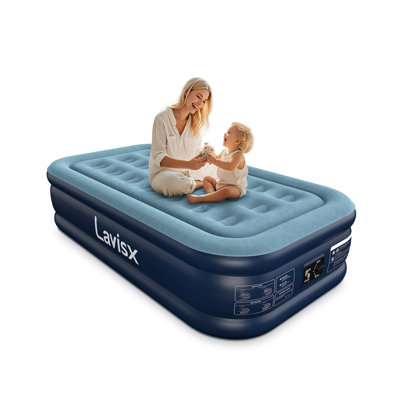Matelas gonflable simple avec pompe électrique intégrée, lit gonflable surélevé de 16 po avec dessus floqué, PVC imperméable et durable, lit gonflable à gonflage rapide pour le camping, les voyages, les invités, peut supporter jusqu'à 330 lb, bleu
