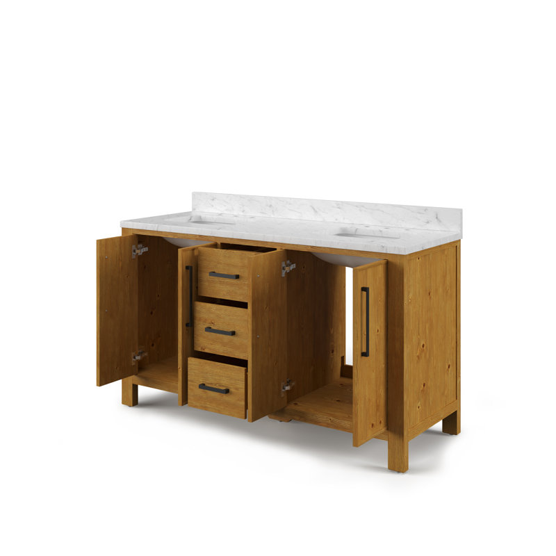 Dino 60 in. Double Sink Freestanding Sierra Oak Bath Vanity with Carrara White Engineered Marble Top (Assembled), 60"